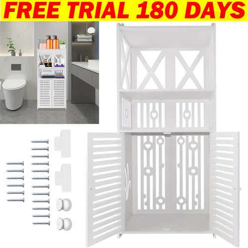 Bathroom Floor Cabinet Shelf FreeStanding Bathroom Storage Unit with Daily Use Layer And Cupboard Double Door, Multi-purpose PVC Cabinet for Store Toilet Paper, Shampoo, White 40x 25x 90cm