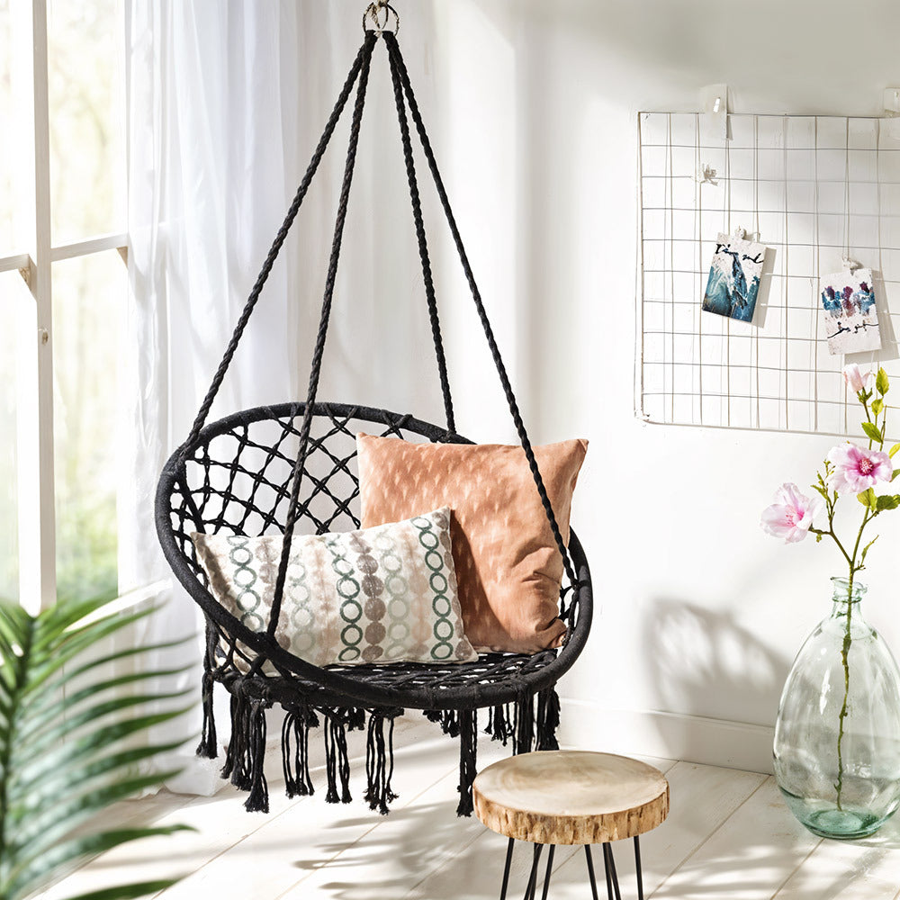 Balcony Rocking Chair, Courtyard Woven Hanging Basket, Hanging Cotton Rope Iron Ring Hanging Chair, Suitable for Indoor, Outdoor, Home, Balcony, Courtyard, Garden, Maximum Load Capacity: 200kg, Material: Iron Ring, Cotton Rope (No Include Cushion)