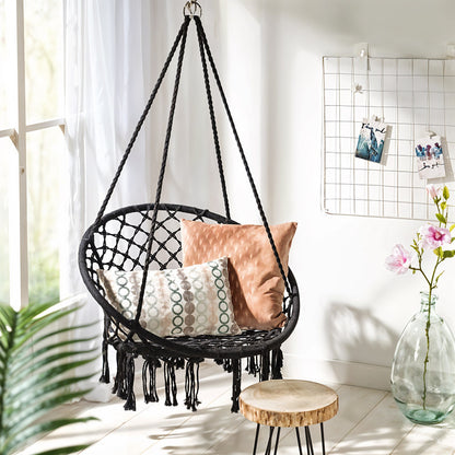Balcony Rocking Chair, Courtyard Woven Hanging Basket, Hanging Cotton Rope Iron Ring Hanging Chair, Suitable for Indoor, Outdoor, Home, Balcony, Courtyard, Garden, Maximum Load Capacity: 200kg, Material: Iron Ring, Cotton Rope (No Include Cushion)