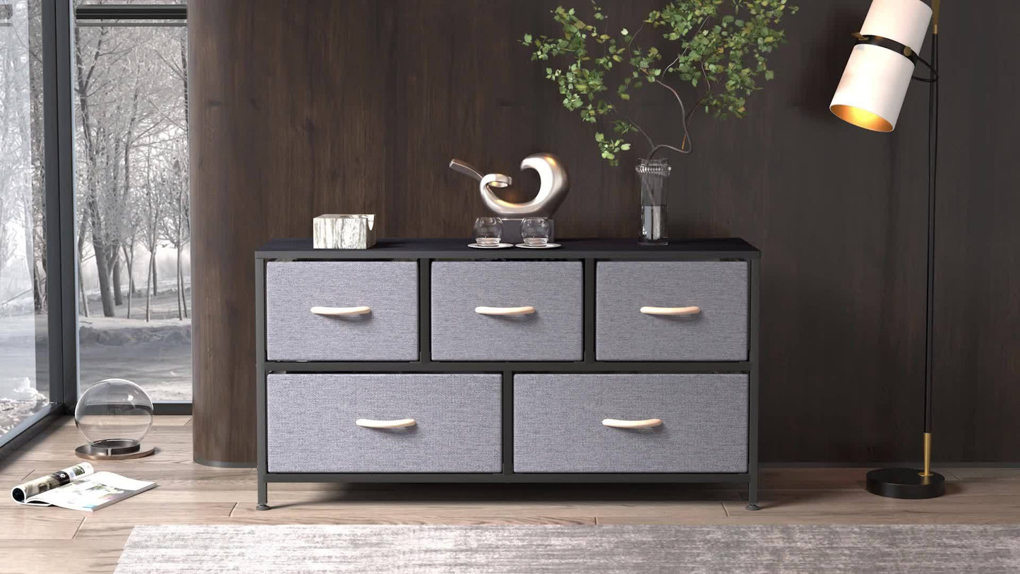 Chic Dark Gray 5-Drawer Storage Cabinet with Wood Panels & Metal Frame - Perfect for Bedroom & Living Room Organization, Storage Drawer Units
