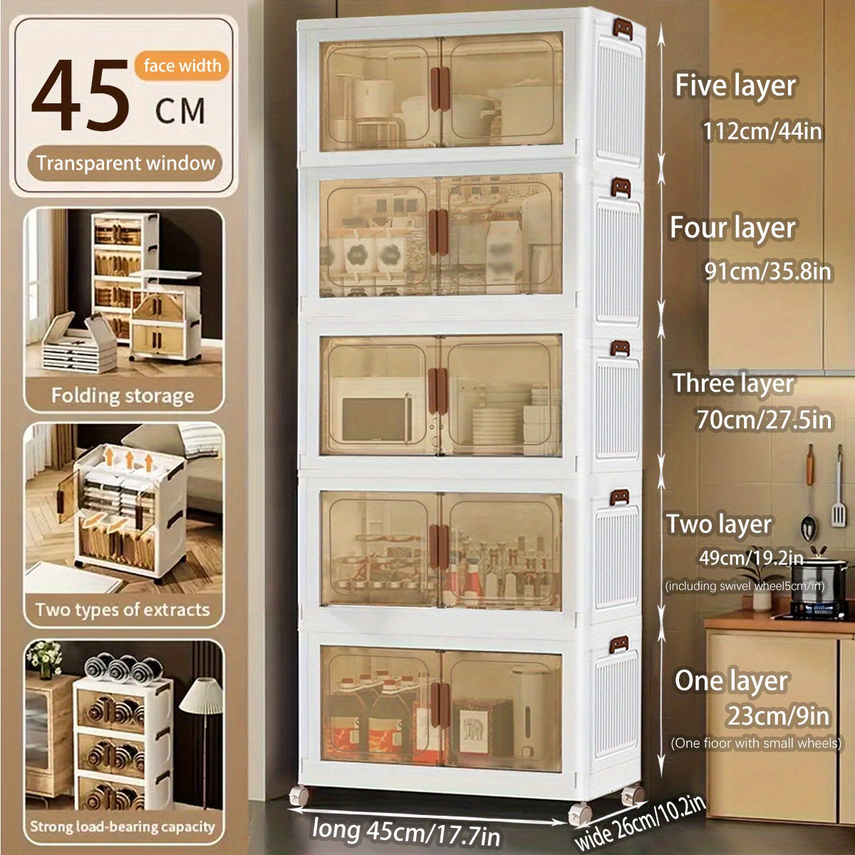 45Cm/50Cm Small Foldable Storage Cabinet, Small Capacity Entryway Storage Cabinet, with Wheels And Lid - Foldable Stackable Plastic Box, Home Storage And Organization Tool Cabinet, Foldable Organizer Box, Suitable for Closet, Bedroom, Kitchen
