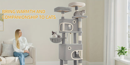 [Multi-Level Cat Tree] HZUANERI 180cm Multi-Level Cat Tree | 8 Scratching Posts, 3 Platforms, 2 Dens, Basket & Plush Balls - Durable Sisal Rope for Indoor Cats of All Sizes, Space-Saving Design for Climbing, Resting & Play, Cat Climbing Tower, Pet Activit