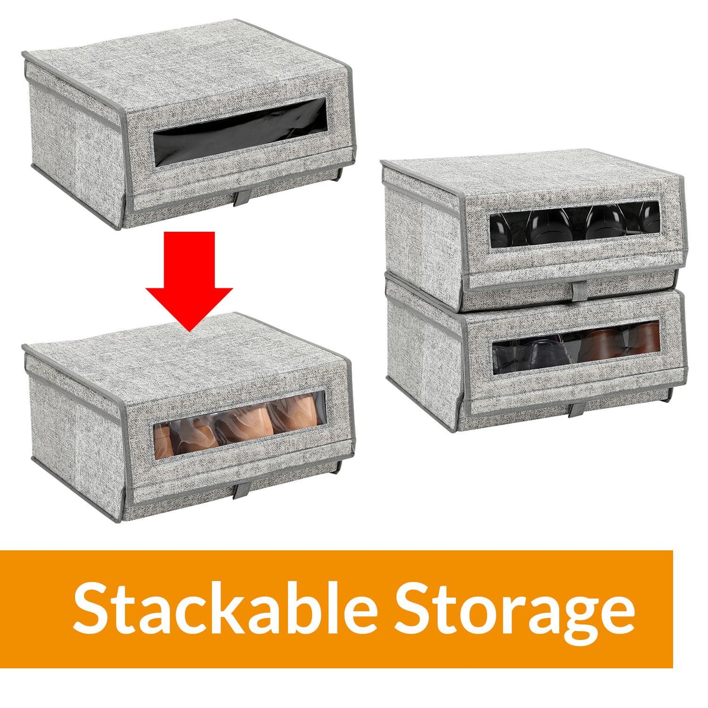Taylor & Brown Set of 2 Large Fabric Stackable Shoe Storage Boxes with Lid & Transparent Window