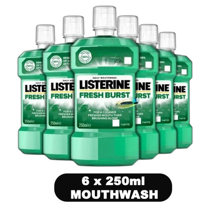 Listerine Fresh Burst Mouthwash 6 Pack 250ml Each – Kills 99% of Germs, Long-Lasting Fresh Breath, Fights Plaque & Gum Disease, Daily Oral Care