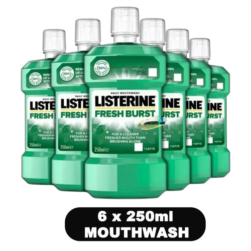 Listerine Fresh Burst Mouthwash 6 Pack 250ml Each – Kills 99% of Germs, Long-Lasting Fresh Breath, Fights Plaque & Gum Disease, Daily Oral Care