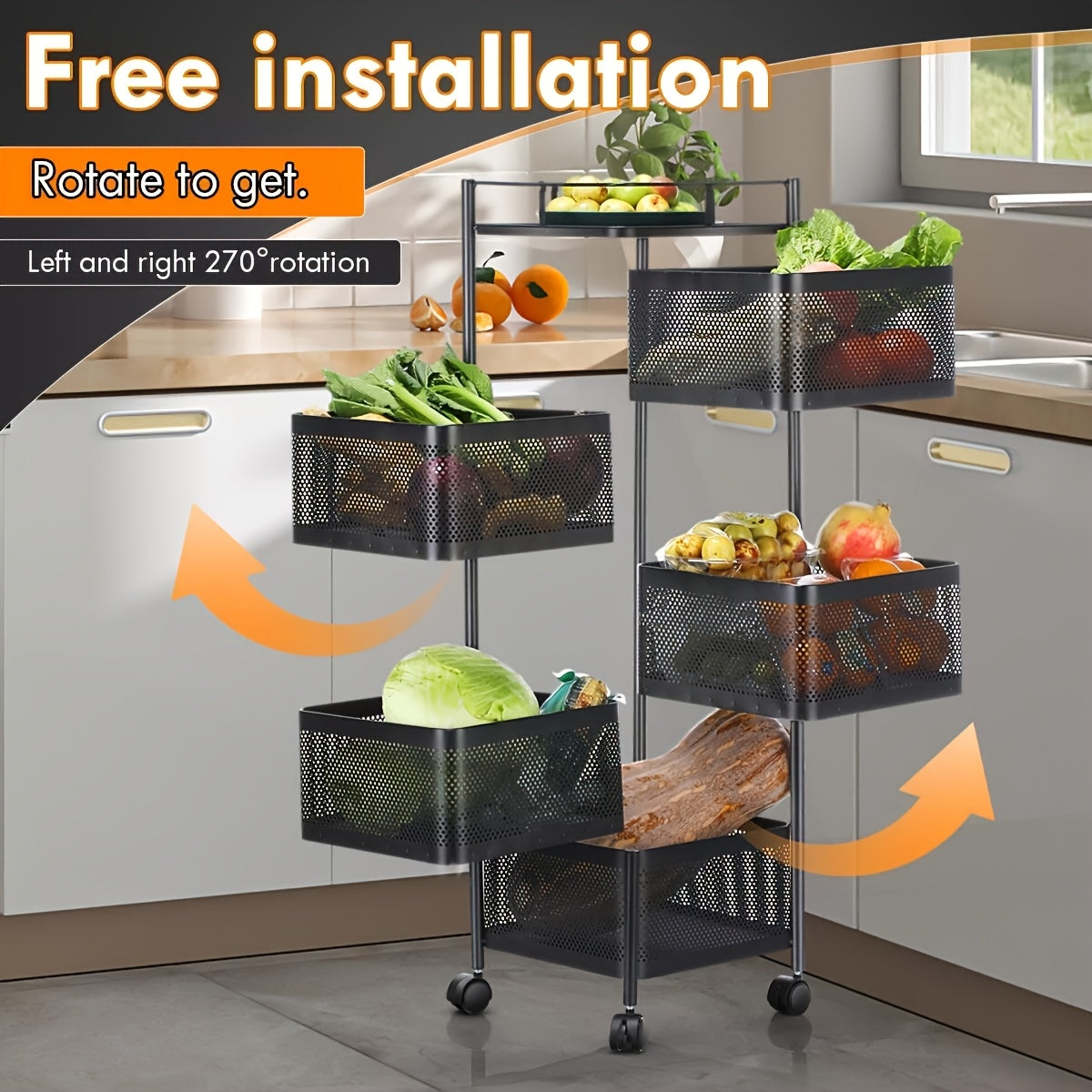 5-Tier Round Vegetable Storage Rack Black Metal Wire Basket with Wheels, Space-Saving Organizer, Shelf Baskets