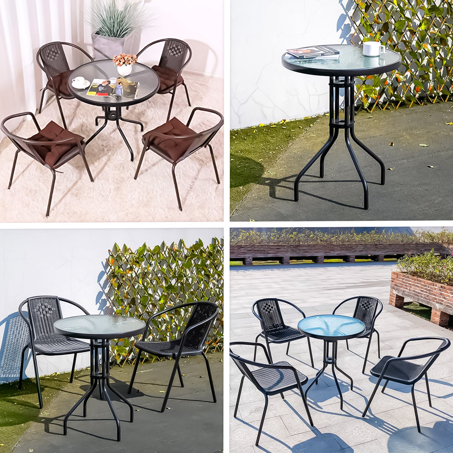 Outdoor Dining Table, Bistro Patio Garden Table, Metal Glass Top Table for Indoor Outdoor Cafe Dining, Black