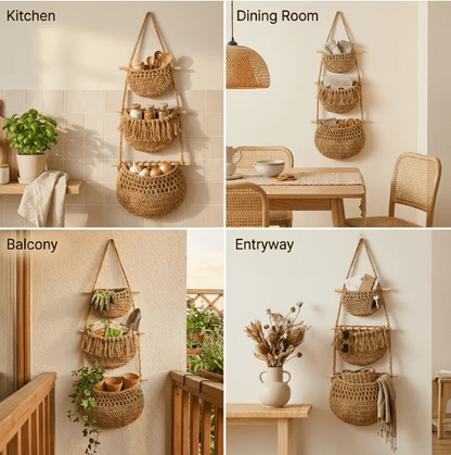 Boho Chic 3-Tier Wall Hanging Storage Basket - Handwoven Rope Organizer for Fruits, Vegetables & More - Easy Install, Versatile Home Decor, Storage Basket