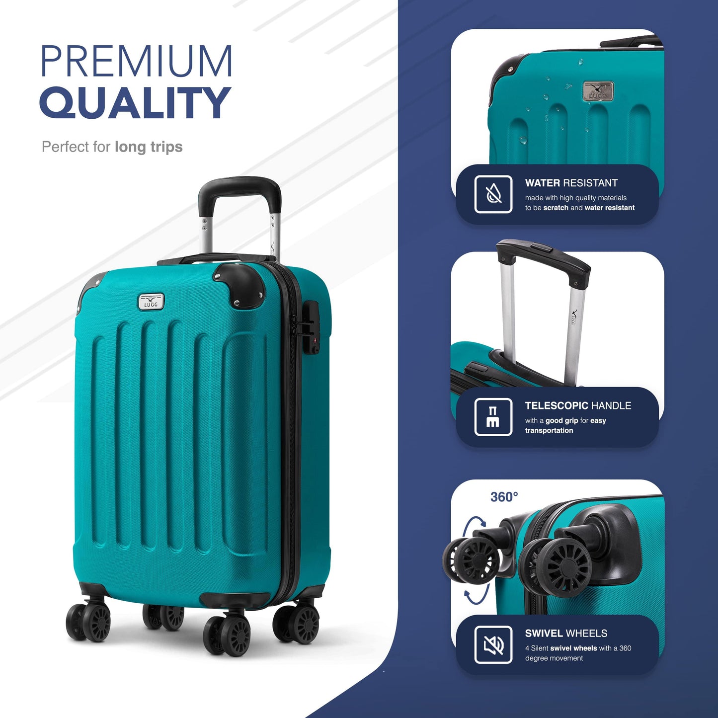 LUGG 55x35x23cm Skywander Lightweight Travel Cabin Bag Carry On Approved Suitcase ABS Shell Protection Water Resistant & Safe Locking System Easyjet Overhead Compliant (20inch)