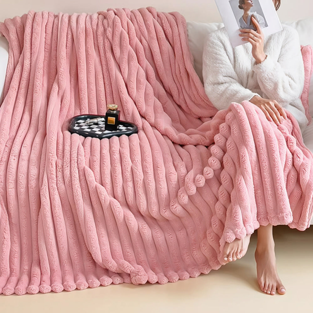 1pc Large Strips Ribbed Throw Blankets | Luxurious 270g Flannel Fleece Blanket | Warm Cozy Blanket Throws For Sofas, Bed, Chair, Couch, Settee | Super Soft Warm Blanket Single Double King Super King Size, Machine Washable, Easy Care, Perfect for Home, Tra