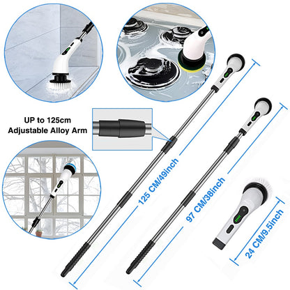 Cordless Electric Spin Scrubber 9-in-1 with Adjustable Long Handle & 9 Brush Heads – Rechargeable Power Cleaning Brush for Bathroom, Kitchen, Floor & Car | 3000mAh Full-Copper Motor, 2 Speeds, Extends to 54"
