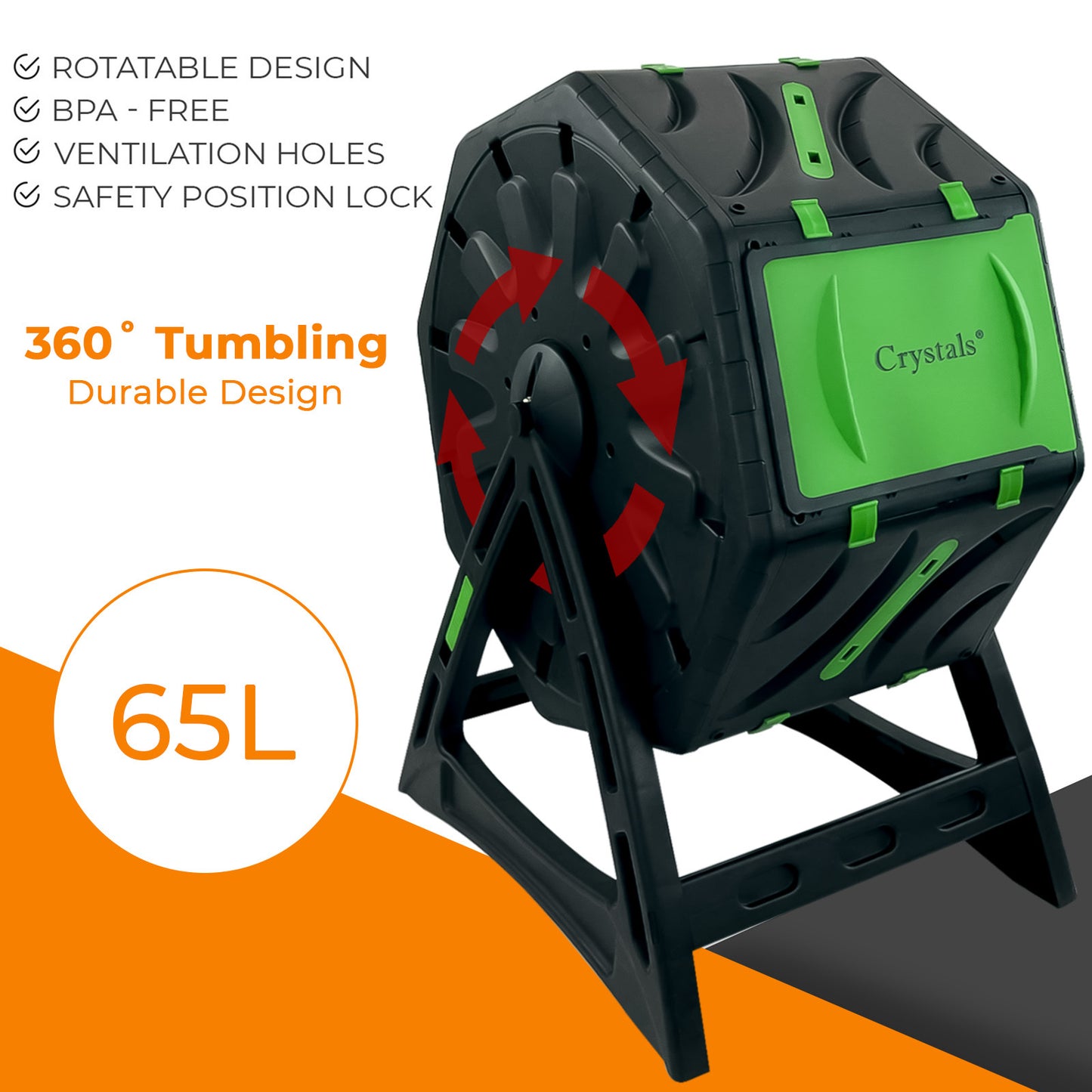 65L Garden Compost Bin, Rotating Tumbling Composter Bin for Garden, Barrel Rotating Composter with Air Holes