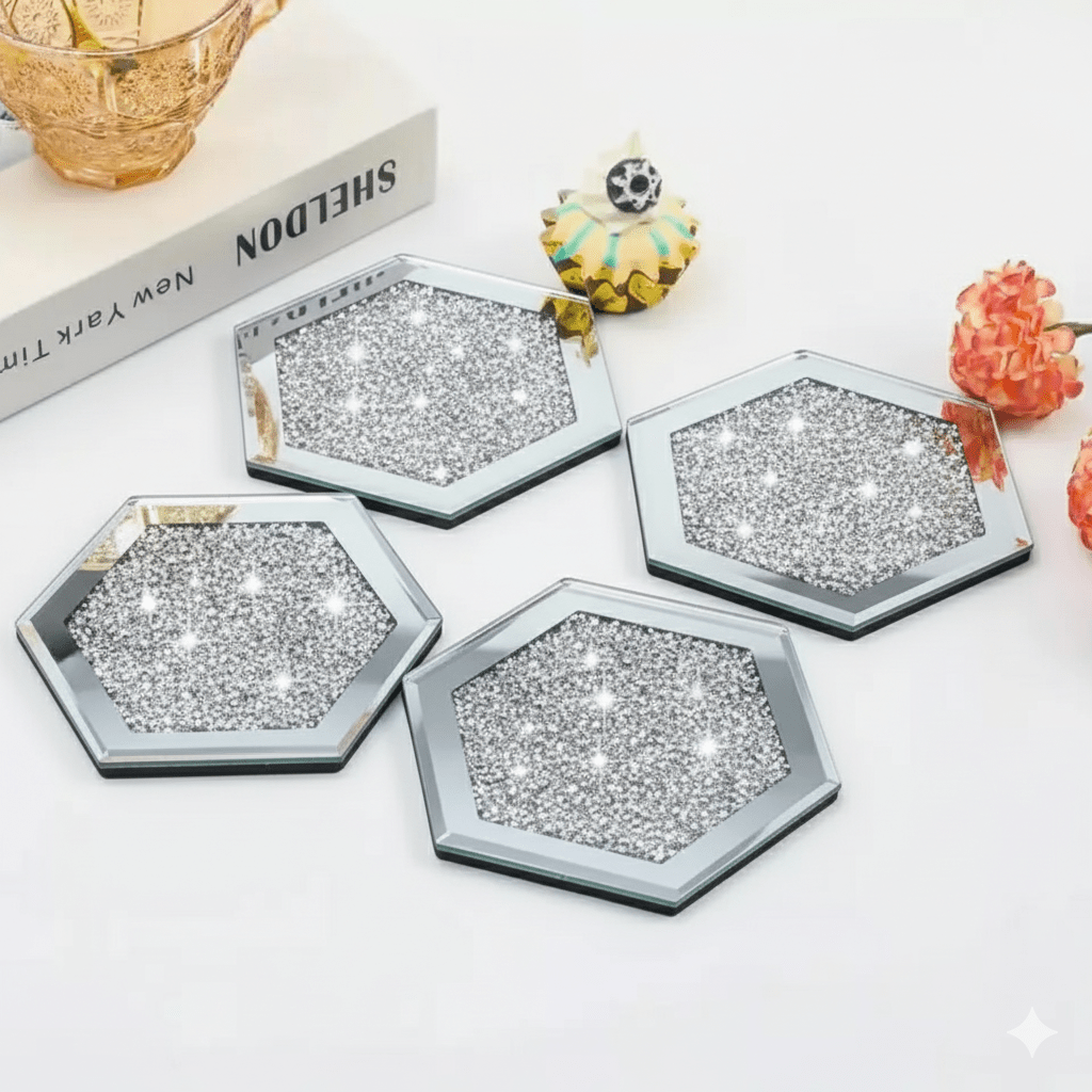 Serena's® Set of 4 Crystal Coasters – 10cm Glass Mirrored Drink Coasters with Glitter Crushed Diamond Design – Elegant Coasters for Home, Kitchen, Bar, or Table Decoration