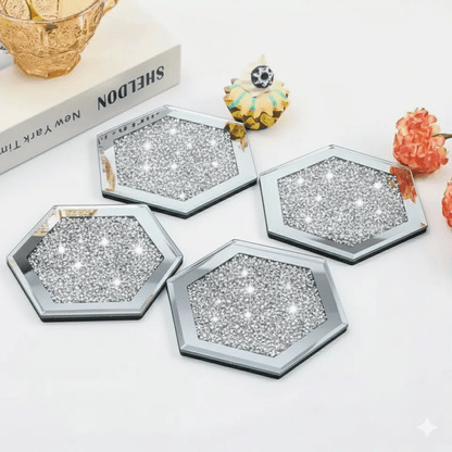 Serena's® Set of 4 Crystal Coasters – 10cm Glass Mirrored Drink Coasters with Glitter Crushed Diamond Design – Elegant Coasters for Home, Kitchen, Bar, or Table Decoration