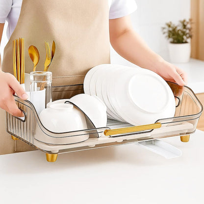 1pc Dish Drying Rack with Handle & Drainboard - Space-Saving Compact Design with Utensil Holder, Durable Plastic Construction, Easy to Clean & Move - Over Sink or Countertop Use for Small Kitchens, Apartments, RVs - Modern White & Golden Kitchen Organizer