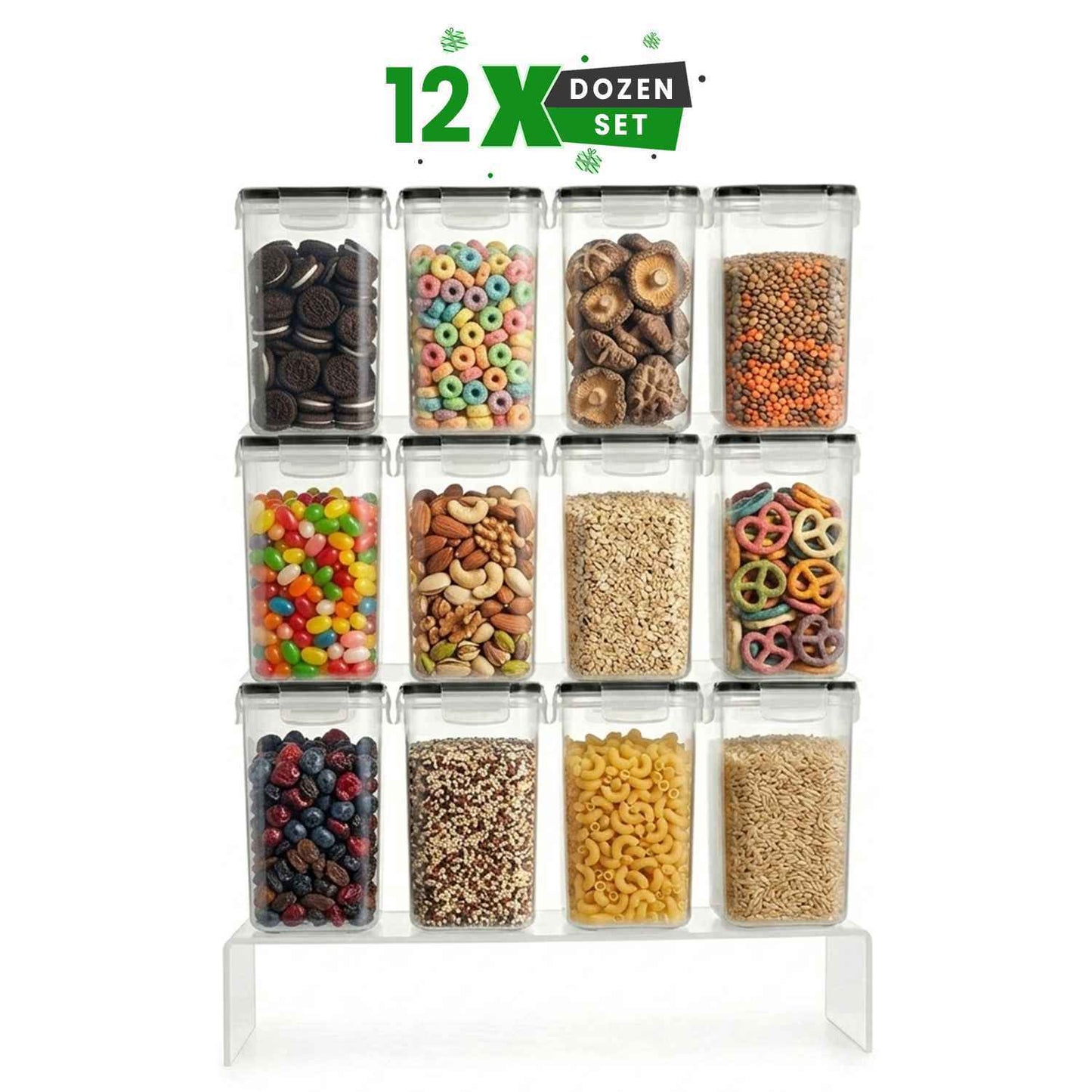 AEX Airtight Cereal Storage Containers Pantry Food Organization Dispenser Sugar, Flour, Snack Leak-proof With Black Locking Lids (Pack of 4, 8, 12, 16)