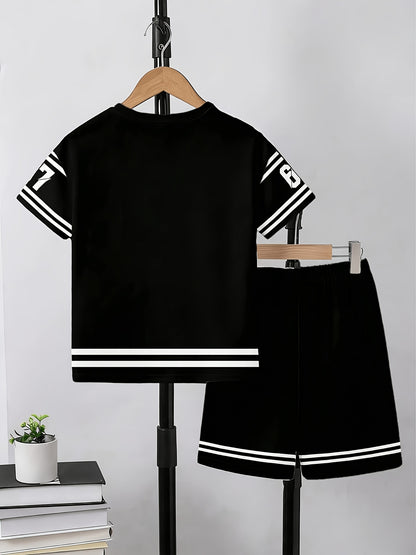 2pcs/Set Boys' Casual Stylish Creative Graphic Number 67 Cartoon Print Short Sleeve T-Shirt And Shorts Set, Comfortable Daily Wear for Spring, Summer & Autumn, for Outdoor