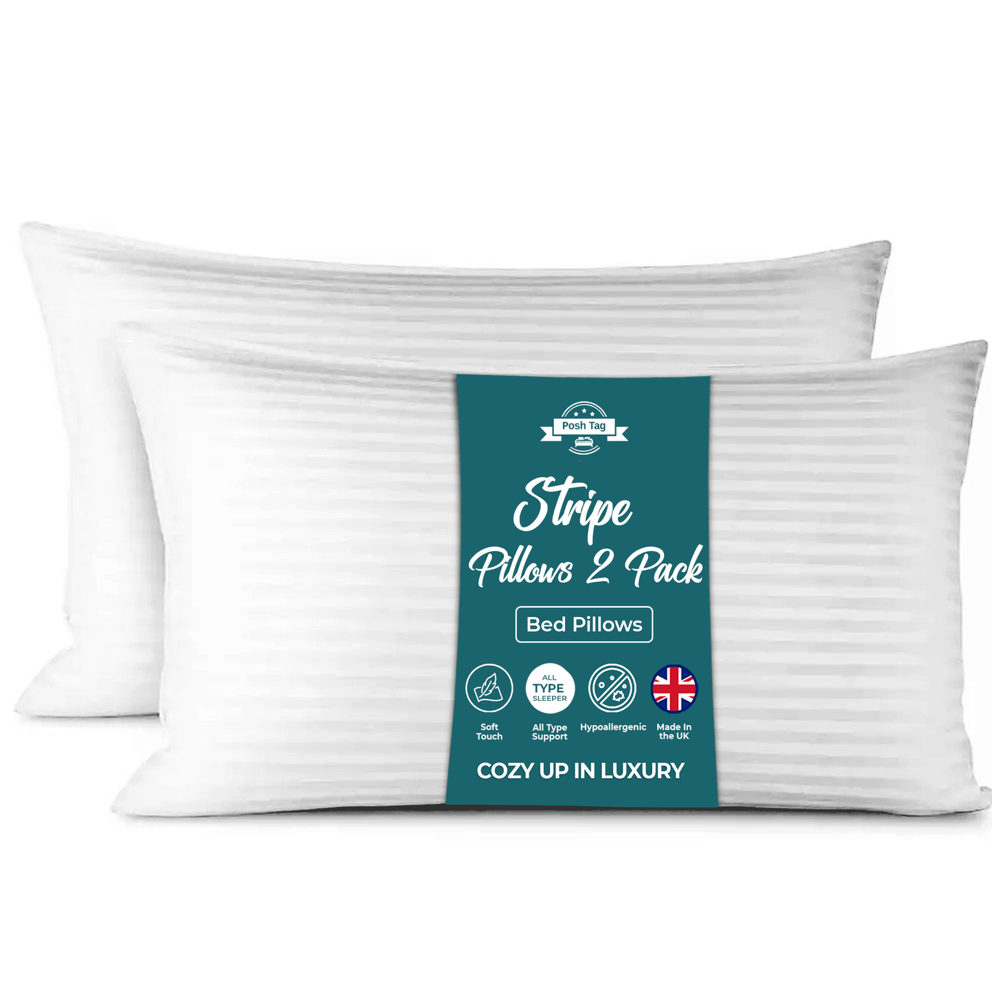 Posh Tag Hotel Quality Stripe Pillow Pack of 1, 2, 4, 6, 8 Bounce Back Bed Pillows Premium Filled