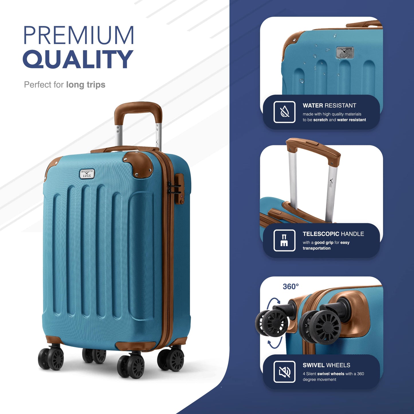 LUGG 55x35x23cm Skywander Lightweight Travel Cabin Bag Carry On Approved Suitcase ABS Shell Protection Water Resistant & Safe Locking System Easyjet Overhead Compliant (20inch)