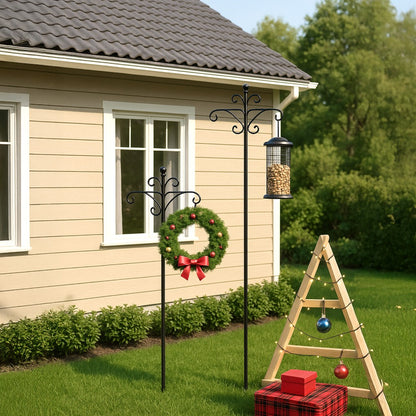 92-Inch Heavy-Duty Iron Shepherds Hooks for Outdoor - Double Bird Feeder Poles with 5-Prong Sturdy Base, Adjustable Plant Hanger Hooks for Garden, Wedding Decor, Bird Feeders & Lanterns - Easy Installation, Traditional Design, Bird Feeder Hanging Poles, G
