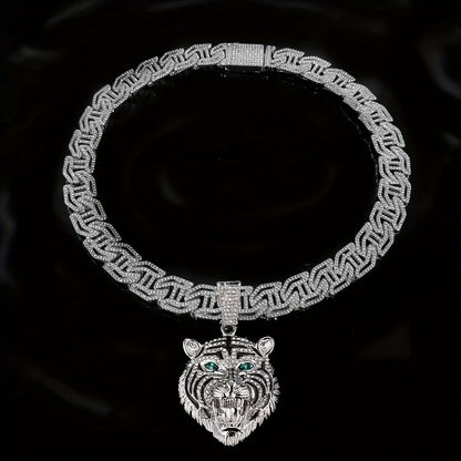 1pc Dominating Green-Eyed Tiger Head Shaped Pendant, Paired with 20-Inch Cuban Necklace, Suitable for Daily Wear And Gift-Giving for Men And Women