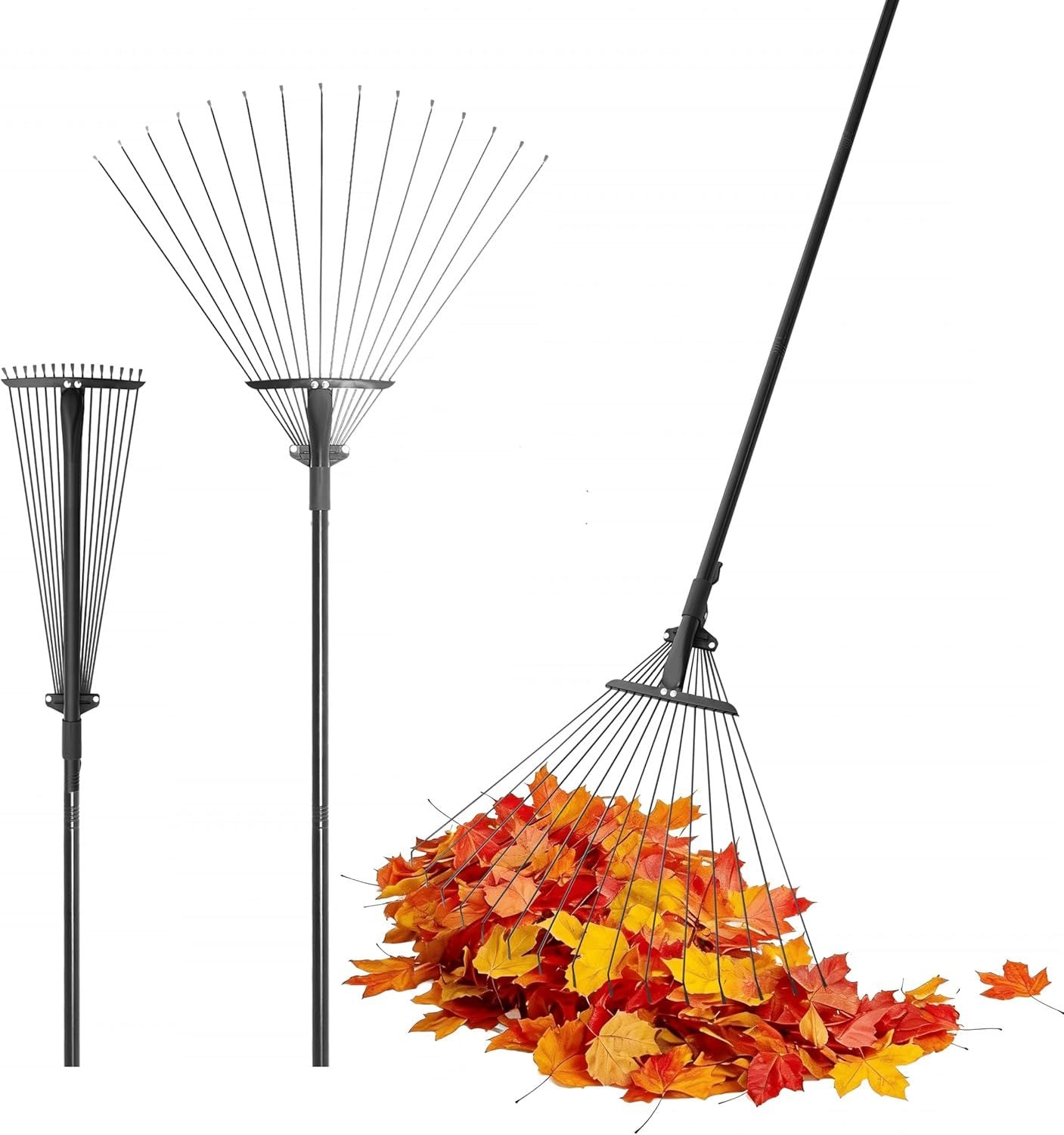 Telescopic Garden Rake 15 Metal Tines – Adjustable Handle 81-170cm & Expandable Head 20-60cm | Lightweight Alloy Steel Leaf Rake for Lawn, Patio & Garden | Black