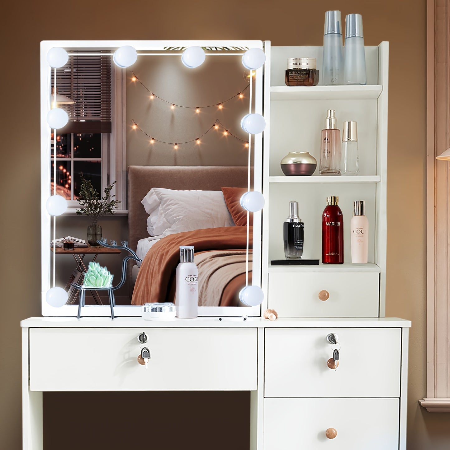 !Multiple Options, Check Before Buying, [Hollywood Makeup Mirror], [Dressing Table And Stool] [Vanity Desk] [Fast Local] Gift for Daughter Girlfriend And Wife, White Makeup Vanity Desk with Mirror And Dimmable Lights, Dressing with Chair