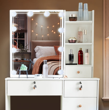 !Multiple Options, Check Before Buying, [Hollywood Makeup Mirror], [Dressing Table And Stool] [Vanity Desk] [Fast Local] Gift for Daughter Girlfriend And Wife, White Makeup Vanity Desk with Mirror And Dimmable Lights, Dressing with Chair
