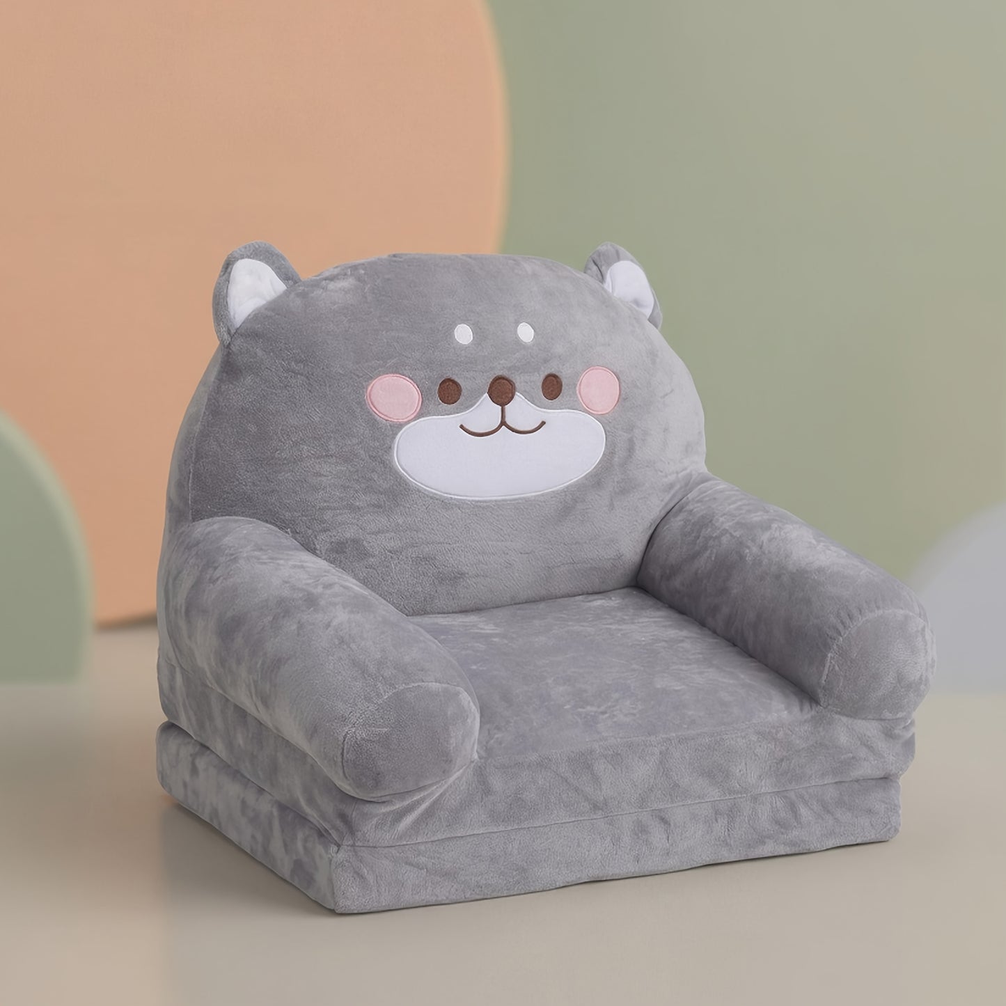 Cozy Kid Folding Sofa, Plush, Washable Lounge Chair for Playroom & Nursery, Gray Dog Style Foldable Wide Handle Soft Breathable Toddler Chair for Reading Relaxing Sleeping