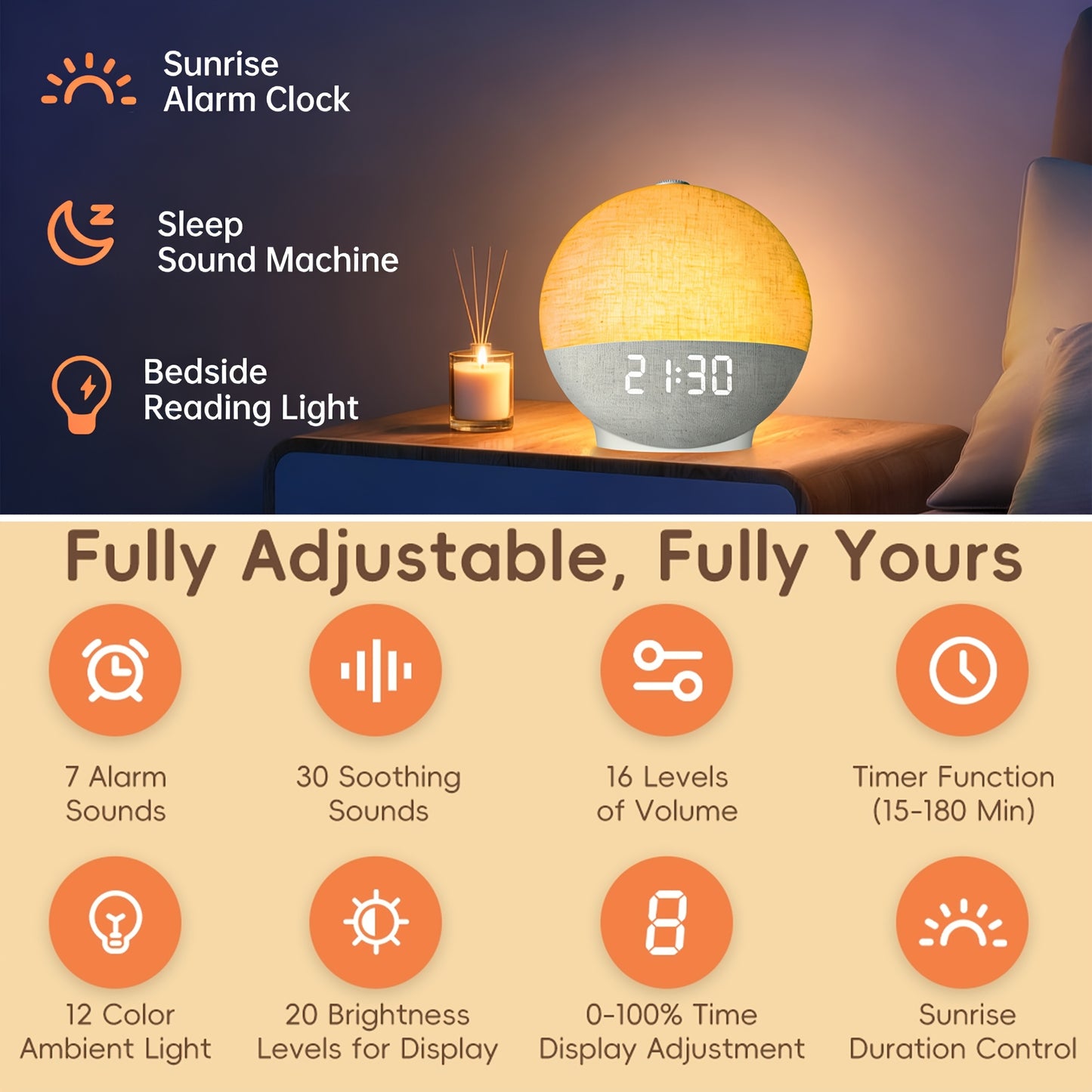 Sunrise Alarm Clock, Sound Machine for Sleep, Snooze, Timer, Dimmable Night Light, 30 Soothing Sounds, White Noise Machine, Wake Up Light for Bedrooms, Adults, Heavy Sleepers
