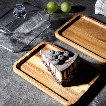 Acacia Wood Butter Dish with Glass Lid, Clear Covered Butter Keeper, Wooden Butter Tray for Kitchen Countertop, Farmhouse Butter Storage Container & Serving Dish for Counter, Ideal for Butter, Cakes, Fruits, Snacks & Pastries
