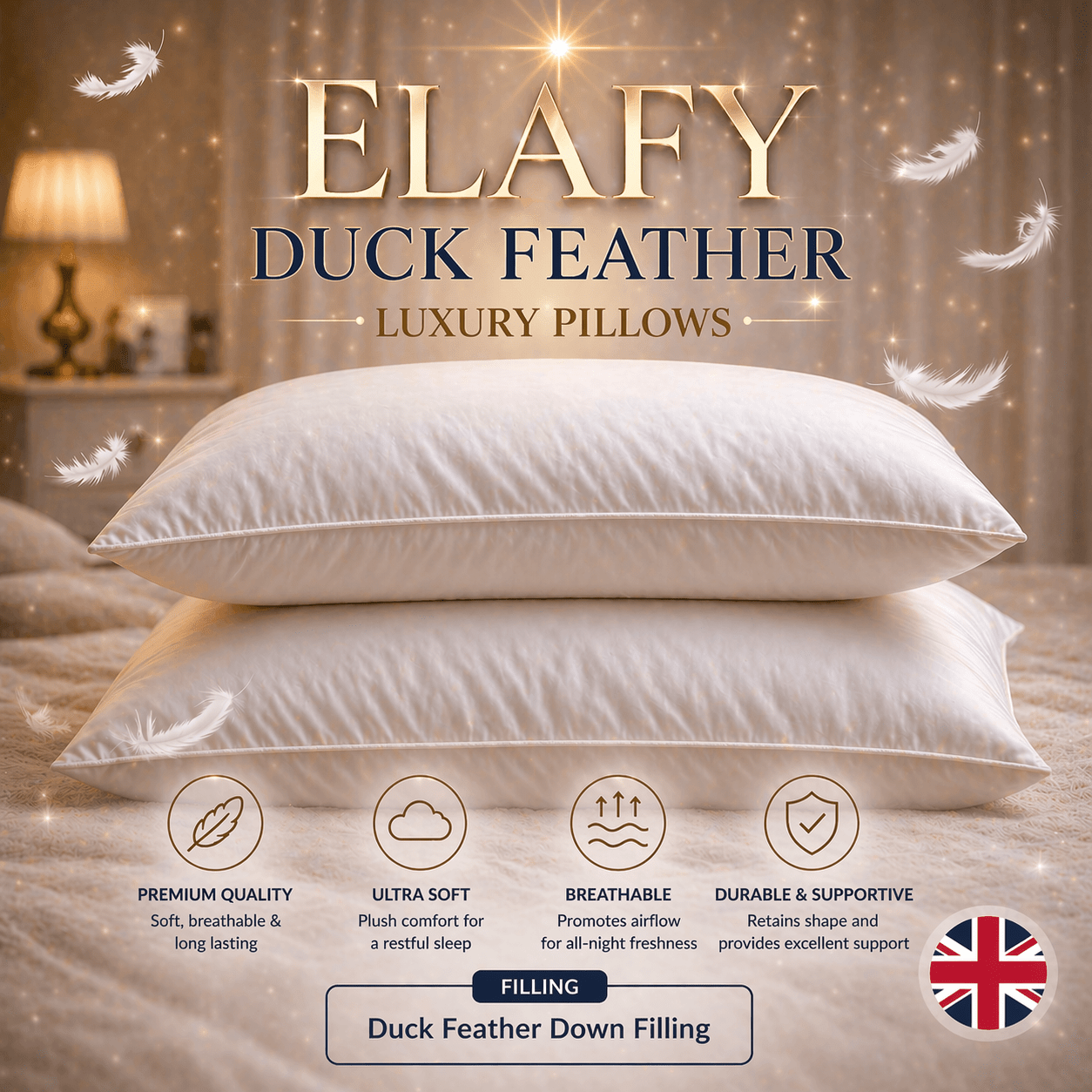 ELAFY Duck Feather & Down Microfiber Pillows Pack of 1 & 2 & 4 – Hotel Quality Ultra Soft & Fluffy Bed Pillows, Hypoallergenic, Breathable & Machine Washable, High Loft Support Pillow Set for Home & Bedroom from Local Warehouse
