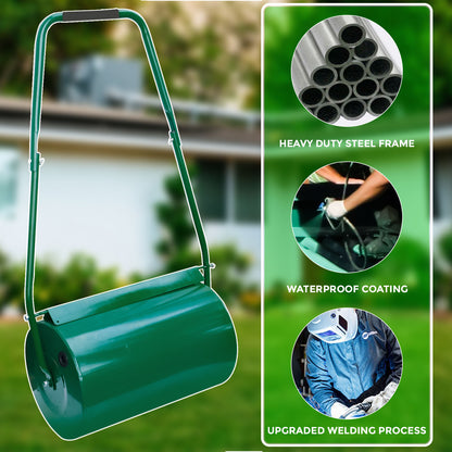 Heavy Duty Garden Grass Lawn Roller - Large Water or Sand Filled Drum, Galvanized Steel Construction, Scraper Bar & Collapsible Handle for Levelling Uneven Ground - Green