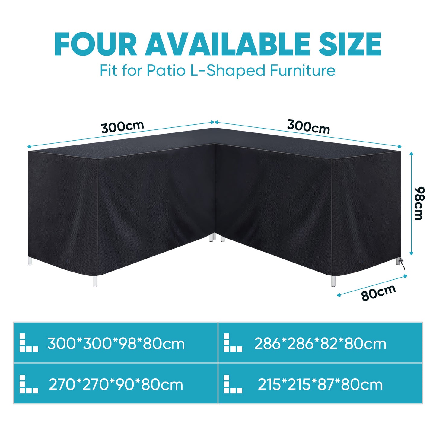 L-Shape Garden Furniture Cover Waterproof UV Resistant 210D Oxford Fabric Corner Sofa Protector with Drawstring 4 Sizes Black