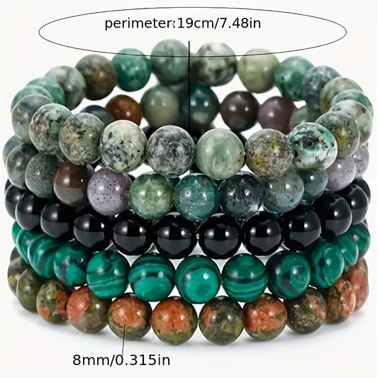 5pcs Set Natural Tiger Eye Indian Agate Fashion Men's Bracelet Map Stone Amazonite Couple Bracelet Black Line Red Vein Stone Pink Zebra Multi-Piece Set Elastic Beaded Bracelet Gift for Friends Family Holiday Birthday Gift for Son Dad Father's Day