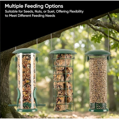 3pc Hanging Bird Feeder, Seed, Nut & Fat Ball Feeders Weatherproof Mesh, Metal & Plastic Set, Birds Feed Station Easy to Refill & Clean for Backyard Birding, Set of 3 Green
