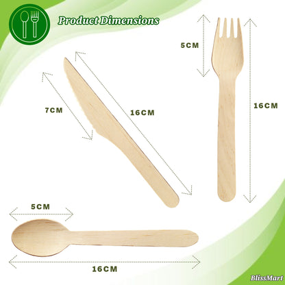 Blissmart Wooden Disposable Cutlery Set of 300 – 100 Forks, 100 Spoons & 100 Knives Dessert Disposable Wooden Utensils for BBQ Party Camping Banquet Wedding Picnic