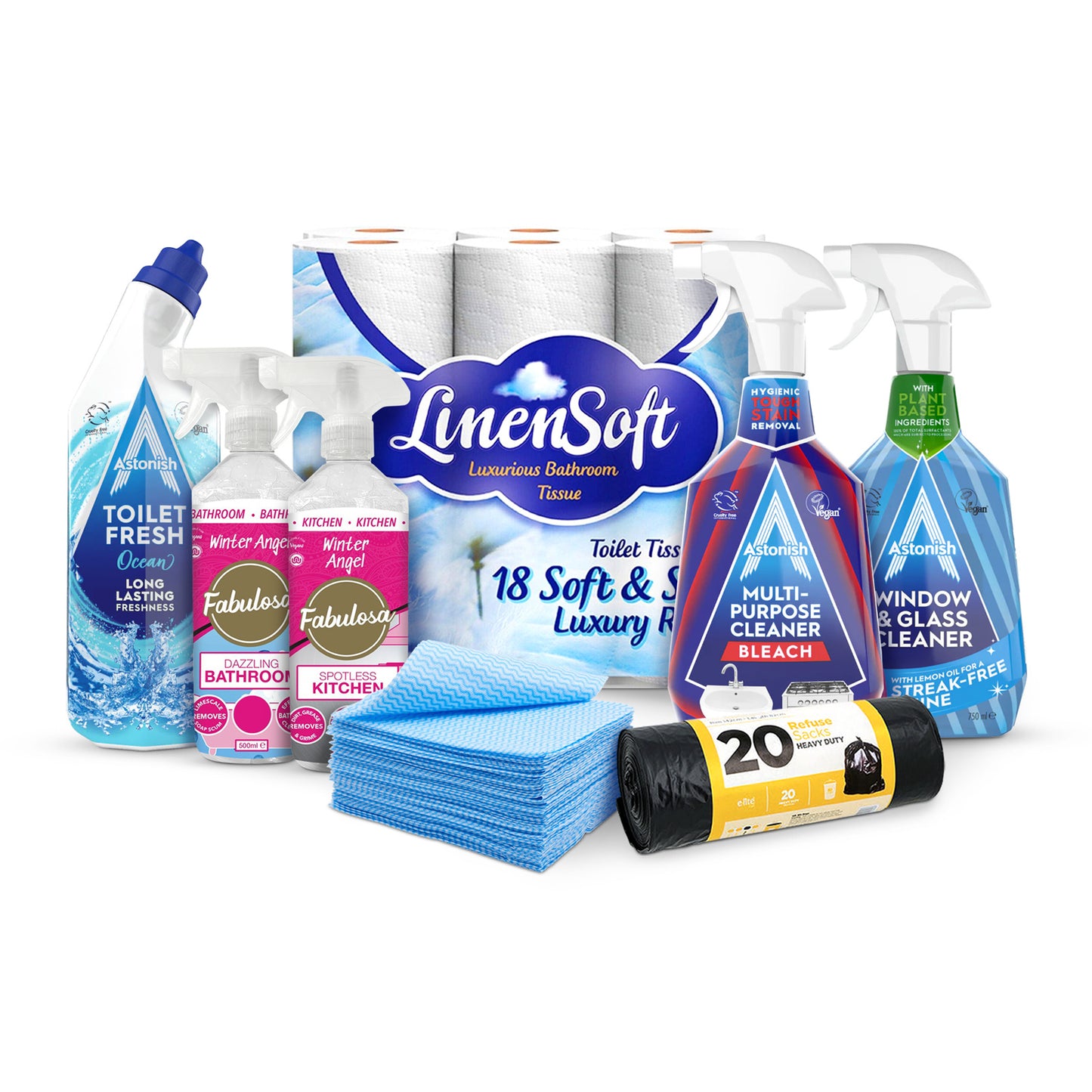 The Big Clean Bundle 8 Piece Home Cleaning Essentials Kit with 18 Toilet Rolls, Spray Bleach, Kitchen & Bathroom Cleaners, 20 Bin Bags, Window Spray & 50 Multipurpose Cloths