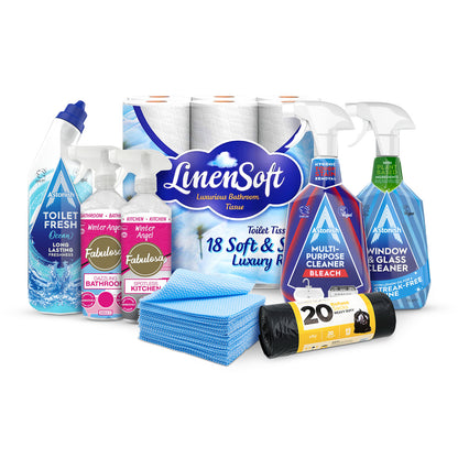 The Big Clean Bundle 8 Piece Home Cleaning Essentials Kit with 18 Toilet Rolls, Spray Bleach, Kitchen & Bathroom Cleaners, 20 Bin Bags, Window Spray & 50 Multipurpose Cloths