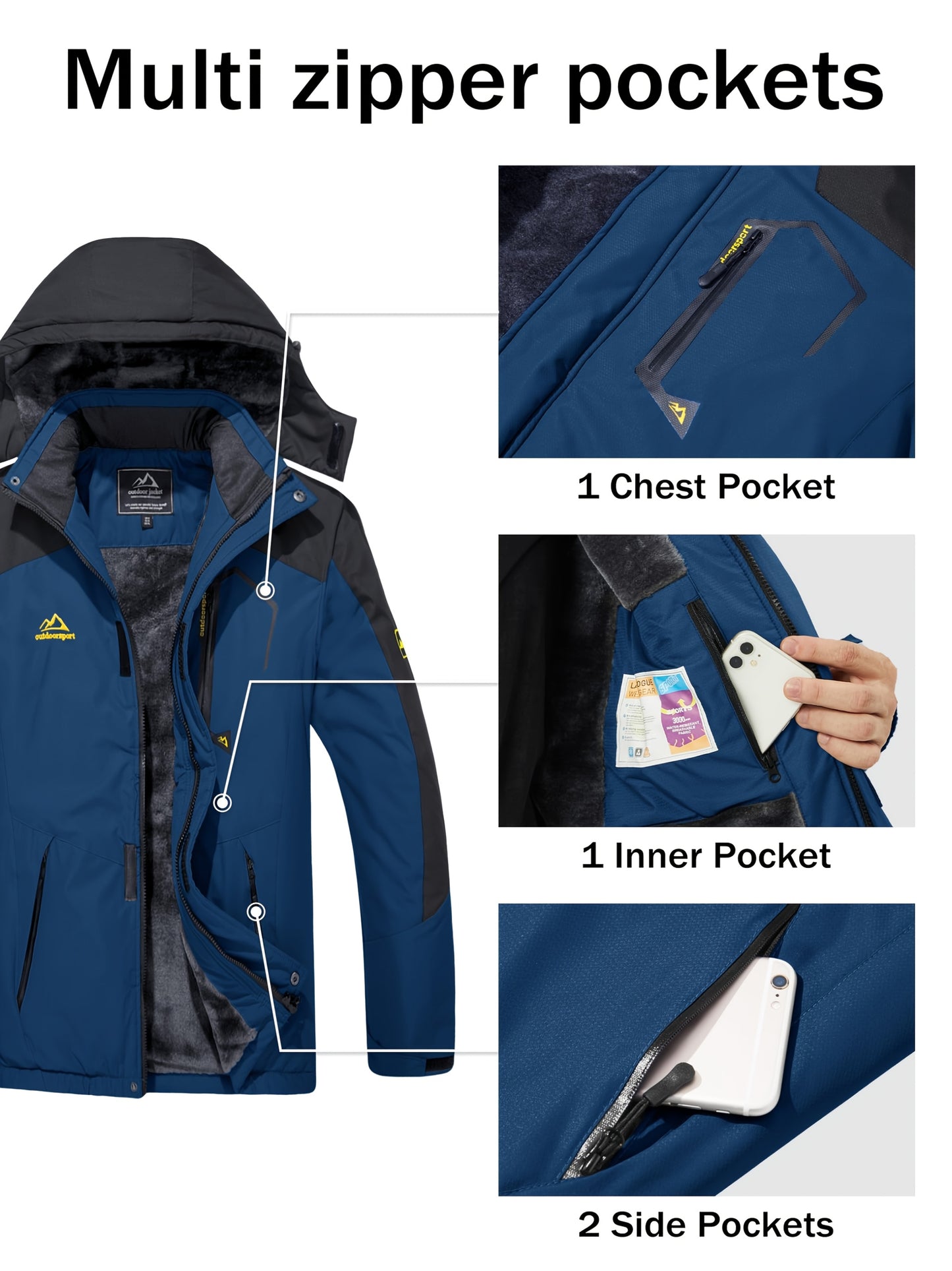 Men'S Ski Jacket Winter Warm Fleece Lined Coats Outdoor Snowboard Thermal Hiking Parka Chest Pockets Hooded Jogging Camping Fishing Climbing Casual Windbreaker