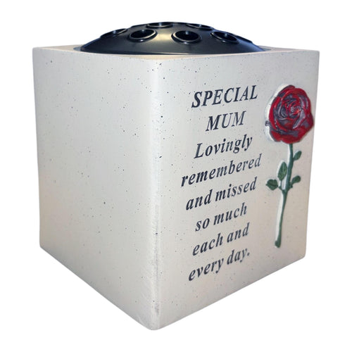 Memorial Rose Bowl Graveside Flower Vase with Diamanté and 3D Red Rose - Special Mum