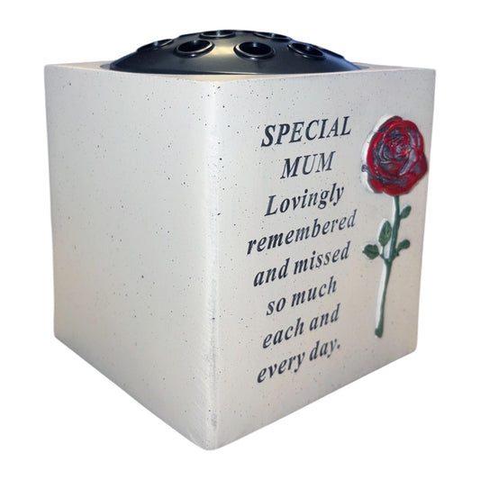 Memorial Rose Bowl Graveside Flower Vase with Diamanté and 3D Red Rose - Special Mum