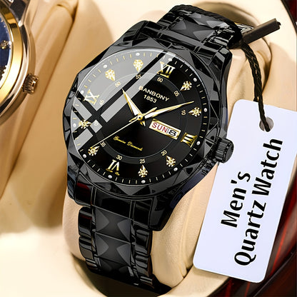1 New Stainless Steel Men'S Quartz Watch with Roman Numerals, Rhinestone Dial, Date Calendar, Trendy Minimalist Luxury Brand, Luminous Sports Casual Business Multi-Functional Watch - Ideal Birthday Gift and Holiday Present, Elegant Watch For Men, Watch Fo