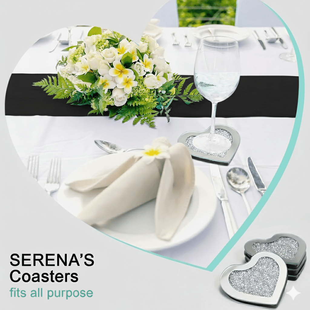 SERENA'S ® Set of 4 Heart Crystal Coasters – 10cm Glass Mirrored Drink Coasters with Glitter Crushed Diamond Design – Elegant Coasters for Home, Kitchen, Bar, or Table Decoration