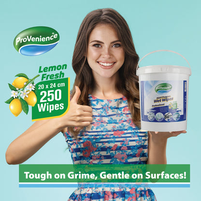 Multi-Purpose Wet Wipes | 20 x 24 cm | 250 Sheets | Can be Used for Kitchen, Bathroom, Car, Shoes etc. | High Absorbency | Lemon Scent