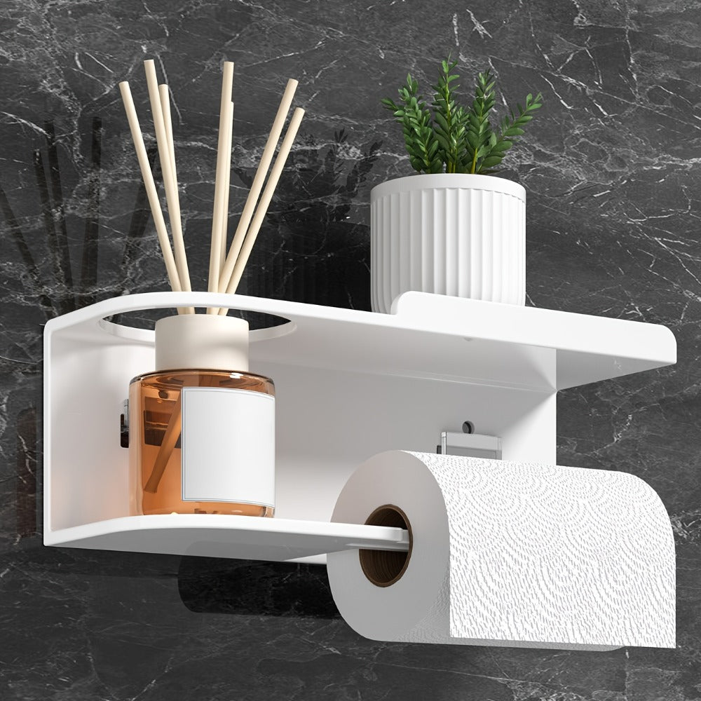 Wall-Mounted Toilet Paper Holder With Storage Shelf, No Drill Adhesive Installation, Bathroom Organizer - Space-Saving Tissue Roll Dispenser For Home Or Hotel Use