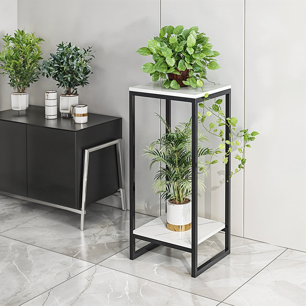 Tall Column Plant Stand Double-Layer Floor Standing Flower Display Rack – Indoor & Outdoor, Living Room, Balcony, Black & White, 30×30×60 cm