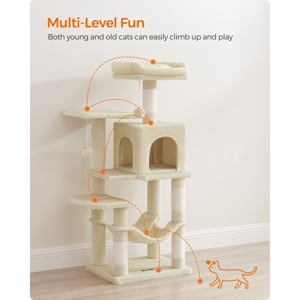 112cm Cat Tree Multi-Level Plush Tower Condo with 4 Scratching Posts, Hammock, Cave & Platforms – Stair-Step Design with Hanging Toys | Easy Assembly Indoor Cat Furniture | Pink White Beige Grey | UK