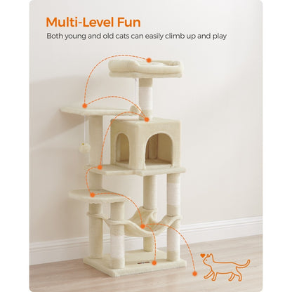 112cm Cat Tree Multi-Level Plush Tower Condo with 4 Scratching Posts, Hammock, Cave & Platforms – Stair-Step Design with Hanging Toys | Easy Assembly Indoor Cat Furniture | Pink White Beige Grey | UK