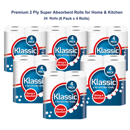 24 Kitchen Towel Rolls, Premium 2-Ply Super Absorbent Paper Towels, Strong Multipurpose Cleaning Rolls, Bulk Value Pack (6 Packs x 4 Rolls) for Home & Kitchen